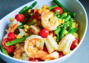 Poached Shrimp with Asparagus, Tomatoes, and Corn I LisaGCooks.com