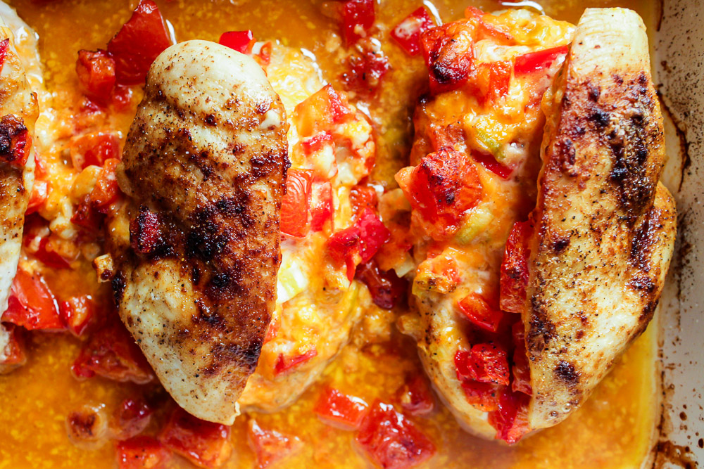 Cheesy Stuffed Chicken Breasts with Tomatoes and Peppers I LisaGCooks.com